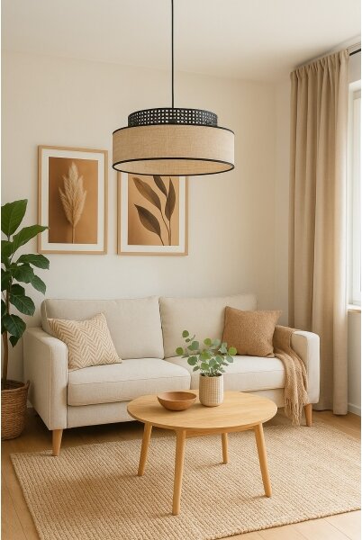 Lampadario a sospensione con filo BOHO 1xE27/60W/230V diametro 40 cm nero/rattan