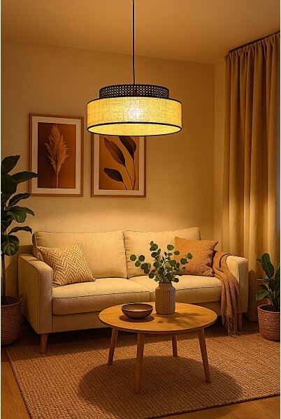 Lampadario a sospensione con filo BOHO 1xE27/60W/230V diametro 40 cm nero/rattan