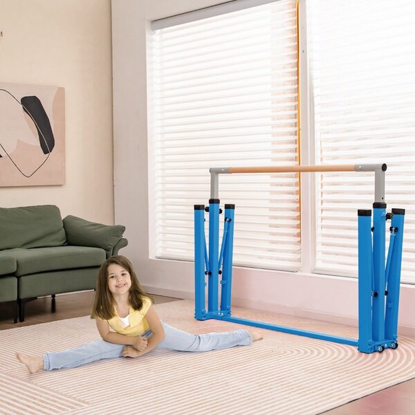 Costway Barra ginnastica per bambini e materassino pieghevole per yoga, Attrezzatura palestra domestica e tappetino da ginnastica Blu