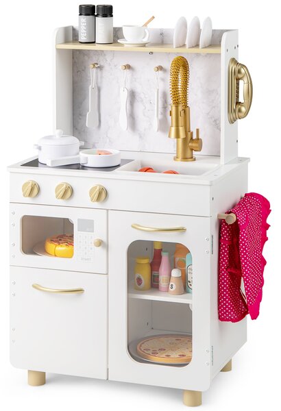 Costway Cucina giocattolo per bambini con fornello forno microonde lavello rubinetto telefono e accessori, Cucinetta giocattolo in legno per bambini 3+ anni