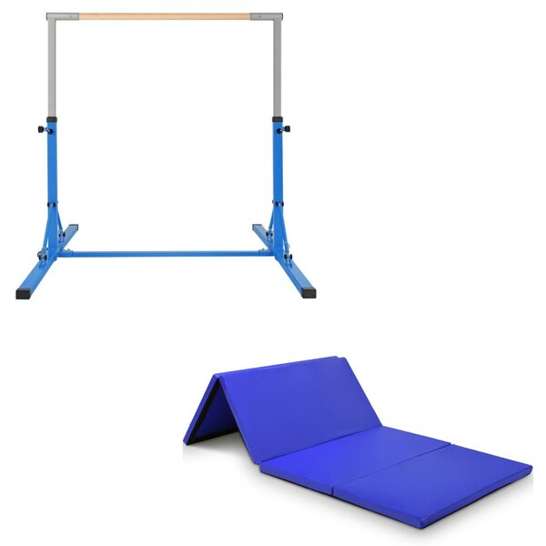 Costway Barra ginnastica per bambini e materassino pieghevole per yoga, Attrezzatura palestra domestica e tappetino da ginnastica Blu