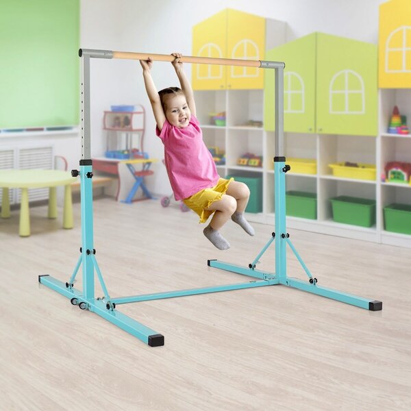 Costway Barra ginnastica per bambini e materassino pieghevole per yoga, Attrezzatura palestra domestica e tappetino da ginnastica Azzurro