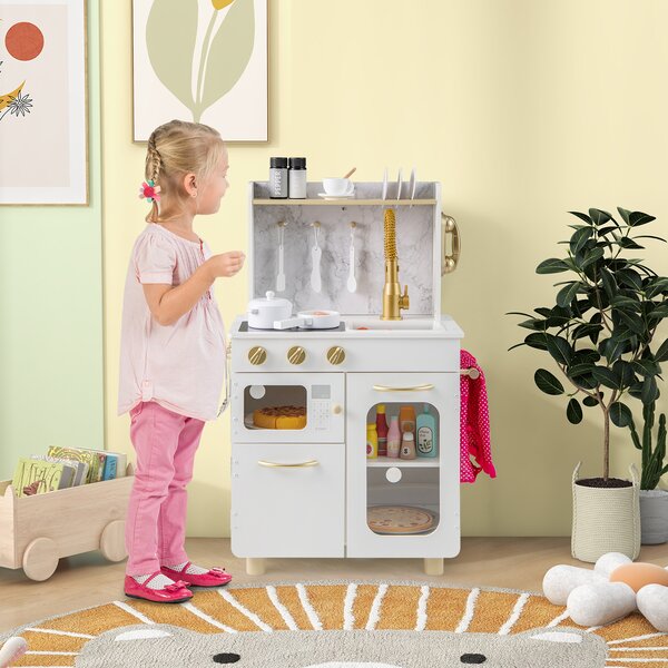 Costway Cucina giocattolo per bambini con fornello forno microonde lavello rubinetto telefono e accessori, Cucinetta giocattolo in legno per bambini 3+ anni