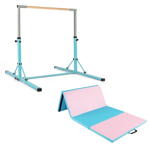 Costway Barra ginnastica per bambini e materassino pieghevole per yoga, Attrezzatura palestra domestica e tappetino da ginnastica Azzurro