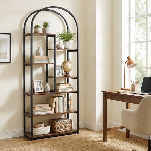 Costway Libreria ad arco con 2 kit antiribaltamento e piedini regolabili, Libreria a 7 ripiani aperto con struttura in legno robusta