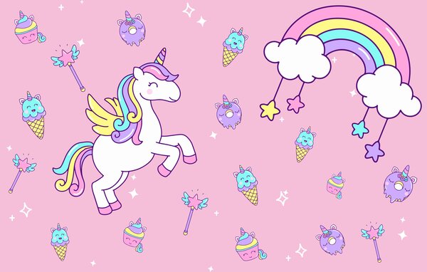 Carta da parati unicorno, arcobaleno su sfondo rosa, Carta da parati per Bambini, Carta da parati gli unicorni, w08102 : Uwalls.it