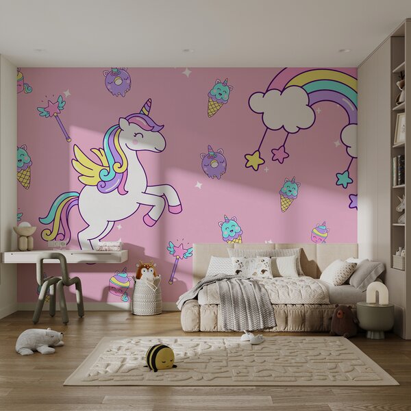 Carta da parati unicorno, arcobaleno su sfondo rosa, Carta da parati per Bambini, Carta da parati gli unicorni, w08102 : Uwalls.it