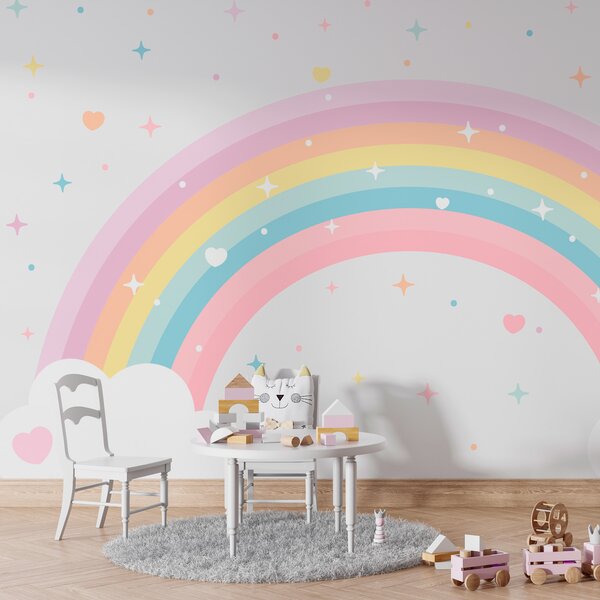 Carta da parati Arcobaleno colorato con stelle e cuori in, Carta da parati per Bambini, Carta da parati per bambini Arcobaleno, w08109 : Uwalls.it