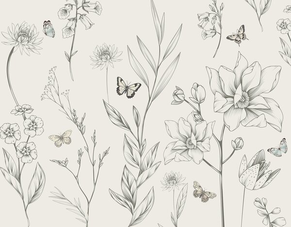 Carta da parati Boho Fiori e farfalle monocromatici, Carta da parati Animali, Carta da parati Farfalle, w08088 : Uwalls.it