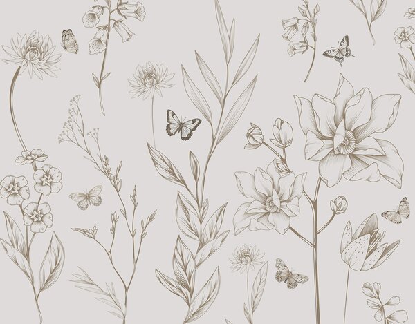 Carta da parati Boho Fiori e farfalle monocromatici in colore beige, Carta da parati Animali, Carta da parati Farfalle, w08088v1 : Uwalls.it
