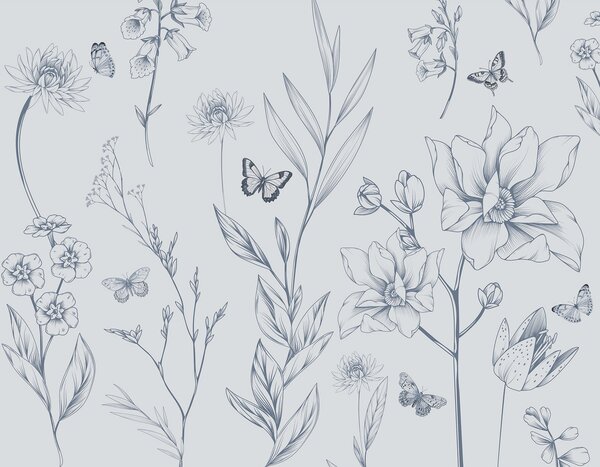 Carta da parati Boho Fiori monocromatici e farfalle in blu, Carta da parati Animali, Carta da parati Farfalle, w08088v2 : Uwalls.it