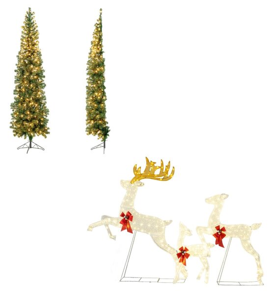 Costway Mezzo albero di natale artificiale da 210cm e famiglia di renne saltanti, Albero pre-illuminato e set di 3 renne di natale illuminati