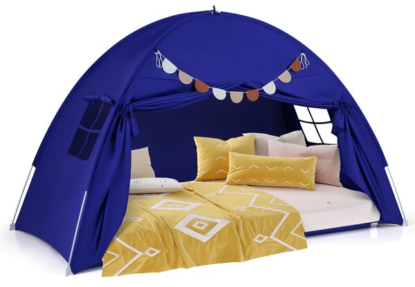 Costway Tenda castello letto matrimoniale 2 finestre bandiere pieghevole, Tenda gioco portatile privacy per bambini 3+ anni Navy