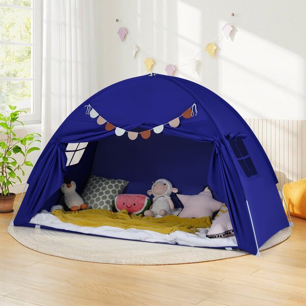 Costway Tenda castello letto matrimoniale 2 finestre bandiere pieghevole, Tenda gioco portatile privacy per bambini 3+ anni Navy