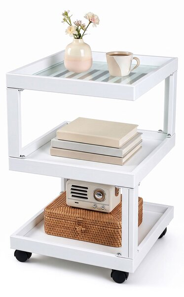 Costway Tavolino da caffè in legno a forma di s con ruote bloccabili per soggiorno e camera da letto, Comodino moderno a 3 livelli con piano in vetro temperato