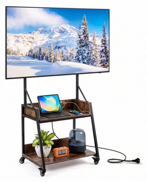 Costway Carrello porta tv con ruote con stazione di ricarica e 2 ripiani vesa max 400x400mm, Supporto tv da pavimento regolabile in altezza