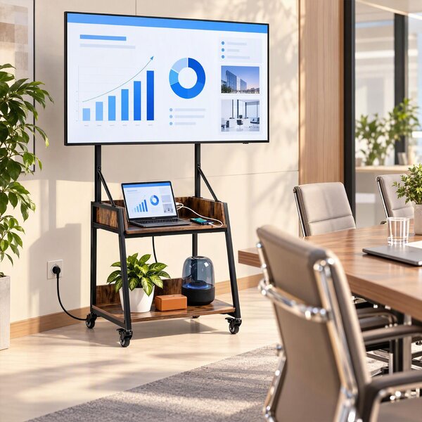 Costway Carrello porta tv con ruote con stazione di ricarica e 2 ripiani vesa max 400x400mm, Supporto tv da pavimento regolabile in altezza
