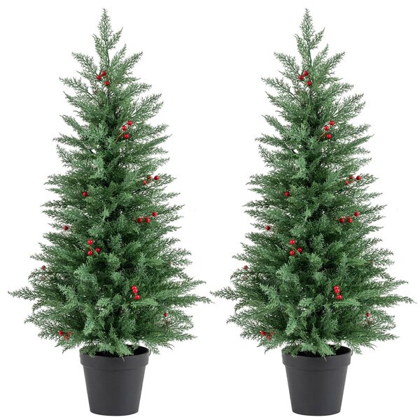 Costway Set di 2 alberi di natale artificiali con vaso zavorrato per soggiorno e veranda, Alberi artificiali di cedro con 173 punte di rami e bacche rosse