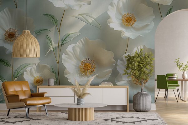 Carta da parati Papaveri bianchi contro un muro con luce solare ed effetto 3D, Carta da parati 3D, Carta da parati Fiori 3D, w01339 : Uwalls.it