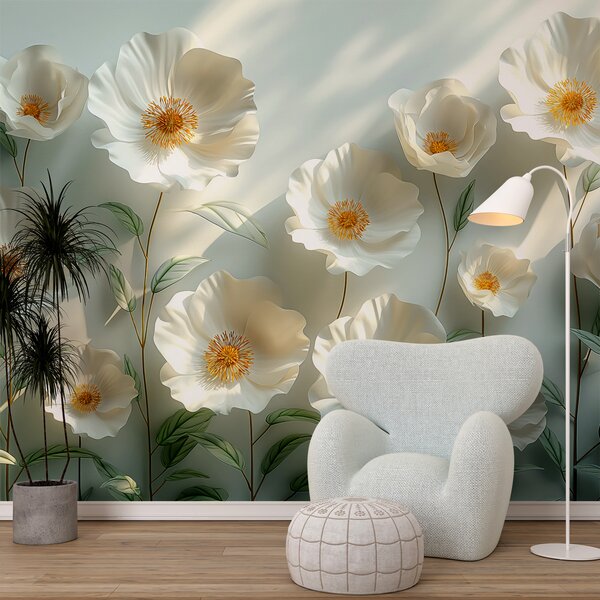Carta da parati Papaveri bianchi contro un muro con luce solare ed effetto 3D, Carta da parati 3D, Carta da parati Fiori 3D, w01339 : Uwalls.it