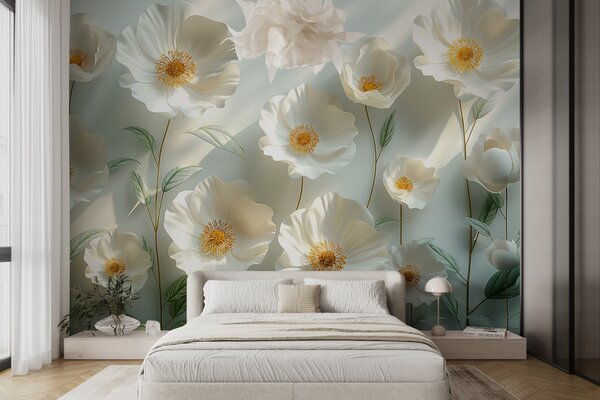 Carta da parati Papaveri bianchi contro un muro con luce solare ed effetto 3D, Carta da parati 3D, Carta da parati Fiori 3D, w01339 : Uwalls.it