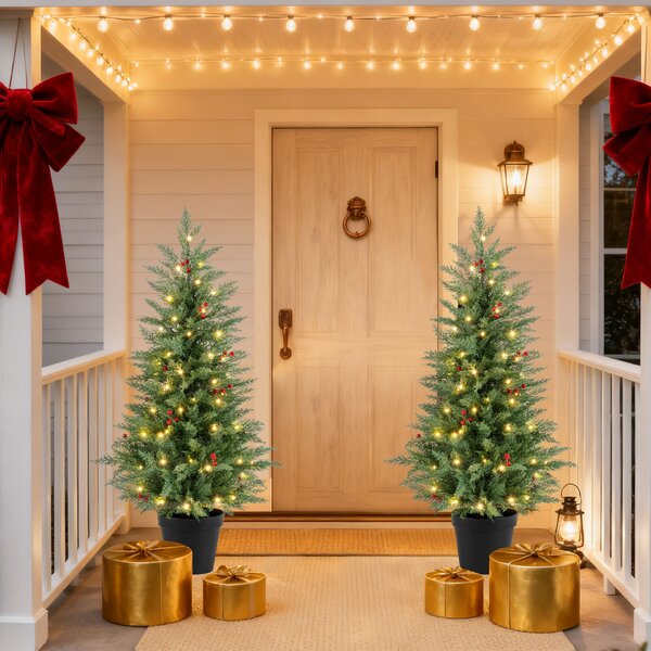 Costway Set di 2 alberi di natale artificiali con vaso zavorrato per soggiorno e veranda, Alberi artificiali di cedro con 173 punte di rami e bacche rosse