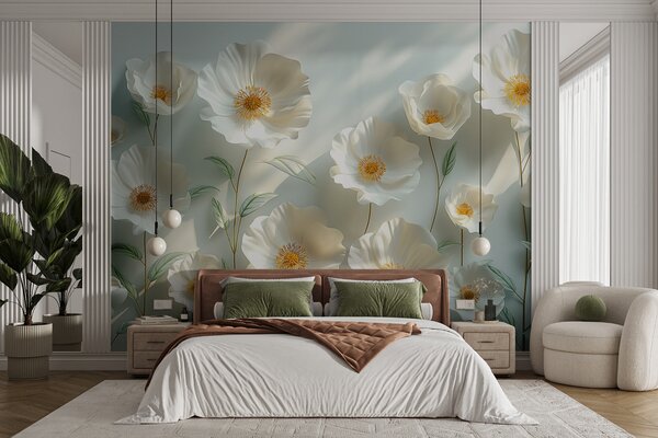 Carta da parati Papaveri bianchi contro un muro con luce solare ed effetto 3D, Carta da parati 3D, Carta da parati Fiori 3D, w01339 : Uwalls.it