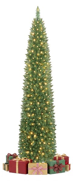 Costway Albero di natale slim artificiale con luci incorporati per interno/esterno, Albero natale stretto con 592 rami 200 luci e base in metallo 211 cm