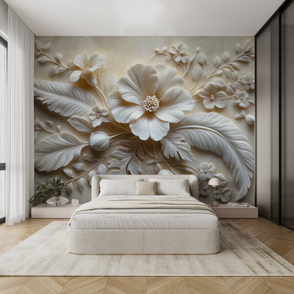 Carta da parati Arte murale in rilievo 3D raffigurante piume e fiori, con un grande, Carta da parati 3D, Carta da parati Fiori 3D, w01340 : Uwalls.it