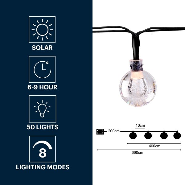Grundig - Catena LED solare 50xLED/8 funzioni 6,9m bianco caldo