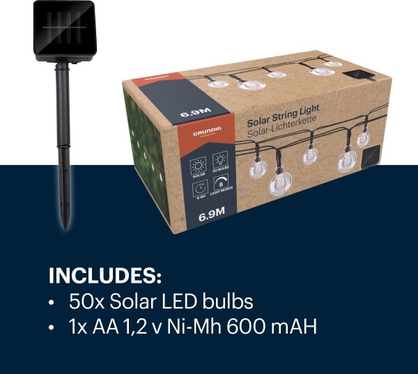 Grundig - Catena LED solare 50xLED/8 funzioni 6,9m bianco caldo