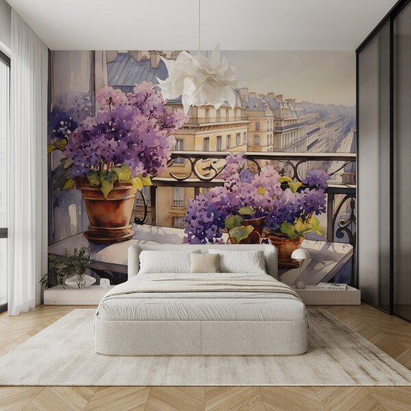Carta da parati Pittura di un balcone con fiori viola, Carta da parati Natura, Carta da parati popolare, w00740 - Tapeko.it