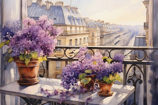 Carta da parati Pittura di un balcone con fiori viola, Carta da parati Natura, Carta da parati popolare, w00740 - Tapeko.it