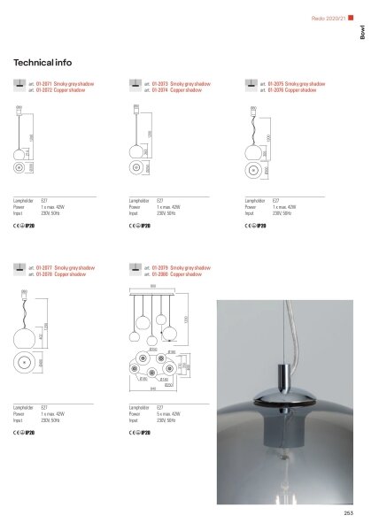 Redo 01-2076 - Lampadario a sospensione con filo BOWL 1xE27/42W/230V diametro 30 cm rame
