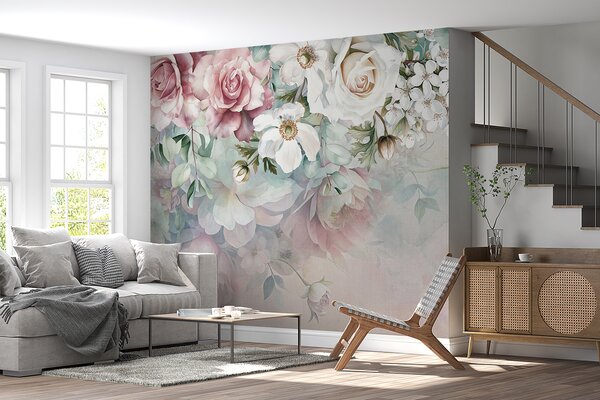 Carta da parati Pittura di fiori su una superficie, Carta da parati acquerello sul muro, Carta da parati popolare, w08153 - Tapeko.it