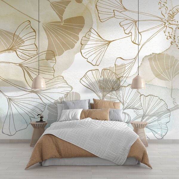 Carta da parati Un motivo di delicate foglie di ginkgo in tonalità di beige, marrone chiaro e blu su, Carta da parati Acquerello, w08157 : Uwalls.it