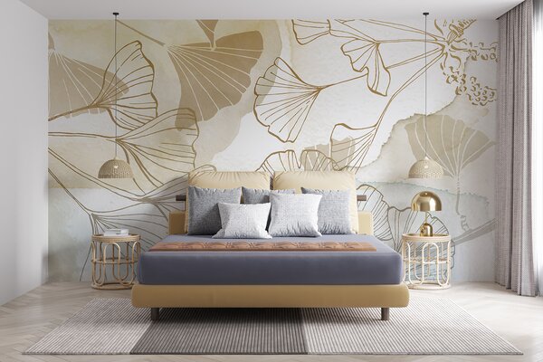 Carta da parati Un motivo di delicate foglie di ginkgo in tonalità di beige, marrone chiaro e blu su, Carta da parati Acquerello, w08157 : Uwalls.it