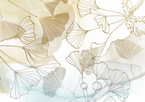 Carta da parati Un motivo di delicate foglie di ginkgo in tonalità di beige, marrone chiaro e blu su, Carta da parati Acquerello, w08157 : Uwalls.it