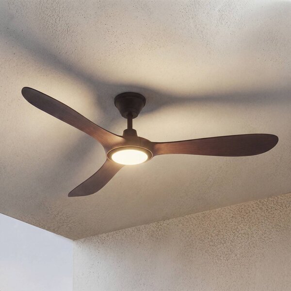 Ventilatore da soffitto per esterni a LED Lucande Winrod, legno scuro, Winrod Lucande, dimmerabile, Legno scuro, Plastica, Moderno