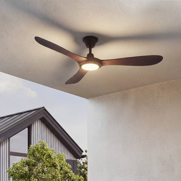 Ventilatore da soffitto per esterni a LED Lucande Winrod, legno scuro, Winrod Lucande, dimmerabile, Legno scuro, Plastica, Moderno