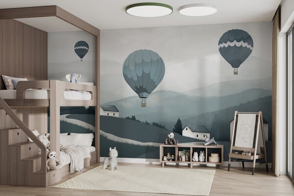 Carta da parati Gruppo di mongolfiere in volo su un villaggio, Carta da parati Mongolfiere, Carta da parati popolare, w01376 - Tapeko.it