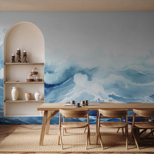 Carta da parati Onde del mare acquerello, colore blu, Carta da parati Acquerello, w00962 : Uwalls.it