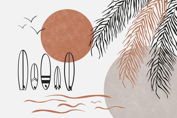 Carta da parati Tavole da surf, disegno lineare di rami di palma, colore nero e, Carta da parati Natura, Carta da parati Foglie, w00958 : Uwalls.it