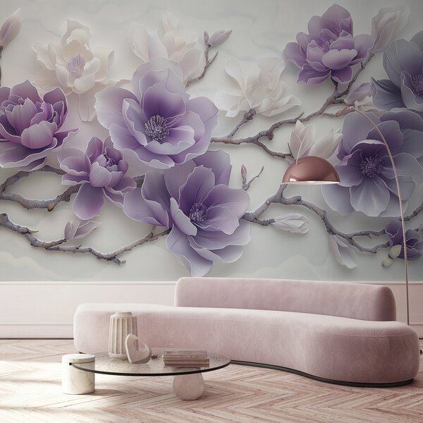 Carta da parati Fiori di magnolia viola in rilievo su un grazioso ramo, Carta da parati Floreale, w01359 : Uwalls.it