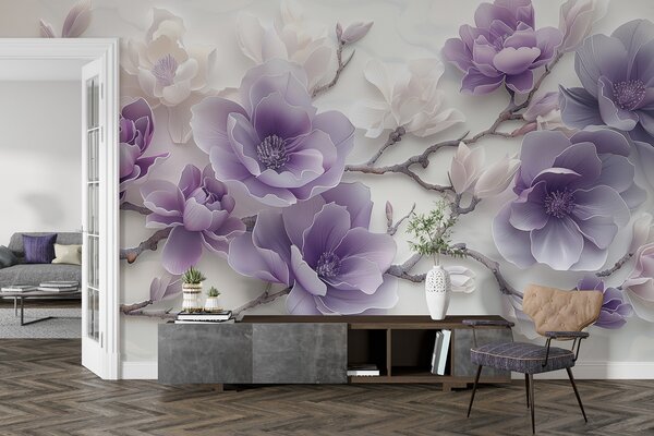 Carta da parati Fiori di magnolia viola in rilievo su un grazioso ramo, Carta da parati Floreale, w01359 : Uwalls.it