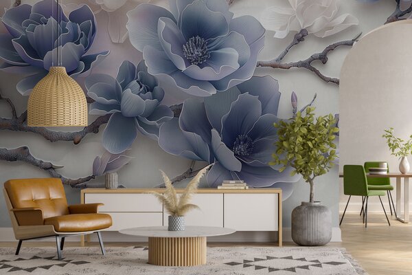 Carta da parati Fiori di magnolia in rilievo blu su un grazioso ramo, Carta da parati Floreale, w01359v1 : Uwalls.it