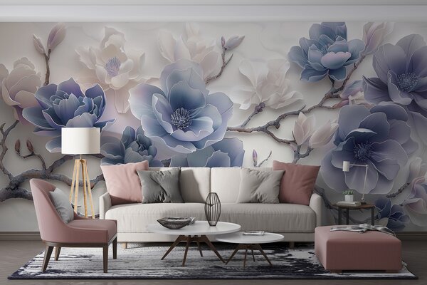 Carta da parati Fiori di magnolia in rilievo blu su un grazioso ramo, Carta da parati Floreale, w01359v1 : Uwalls.it