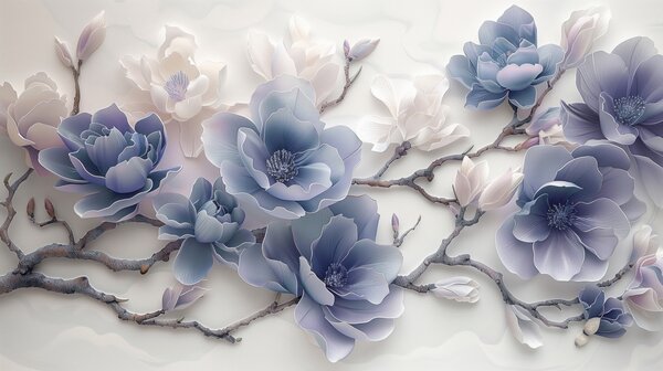 Carta da parati Fiori di magnolia in rilievo blu su un grazioso ramo, Carta da parati Floreale, w01359v1 : Uwalls.it