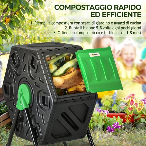 Outsunny Compostiera da Giardino Rotante 65L, Compostiera Girevole a 360°, Prese d'Aria, in PP, Compostaggio Rifiuti | Aosom Italy