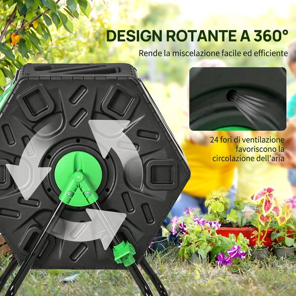 Outsunny Compostiera da Giardino Rotante 65L, Compostiera Girevole a 360°, Prese d'Aria, in PP, Compostaggio Rifiuti | Aosom Italy